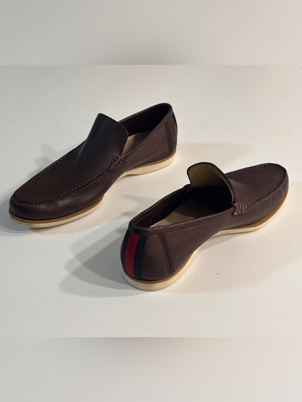 Gucci Mens Brown Pebbled Leather Loafers Web Stripe Heel Driver Shoes Size 10.5